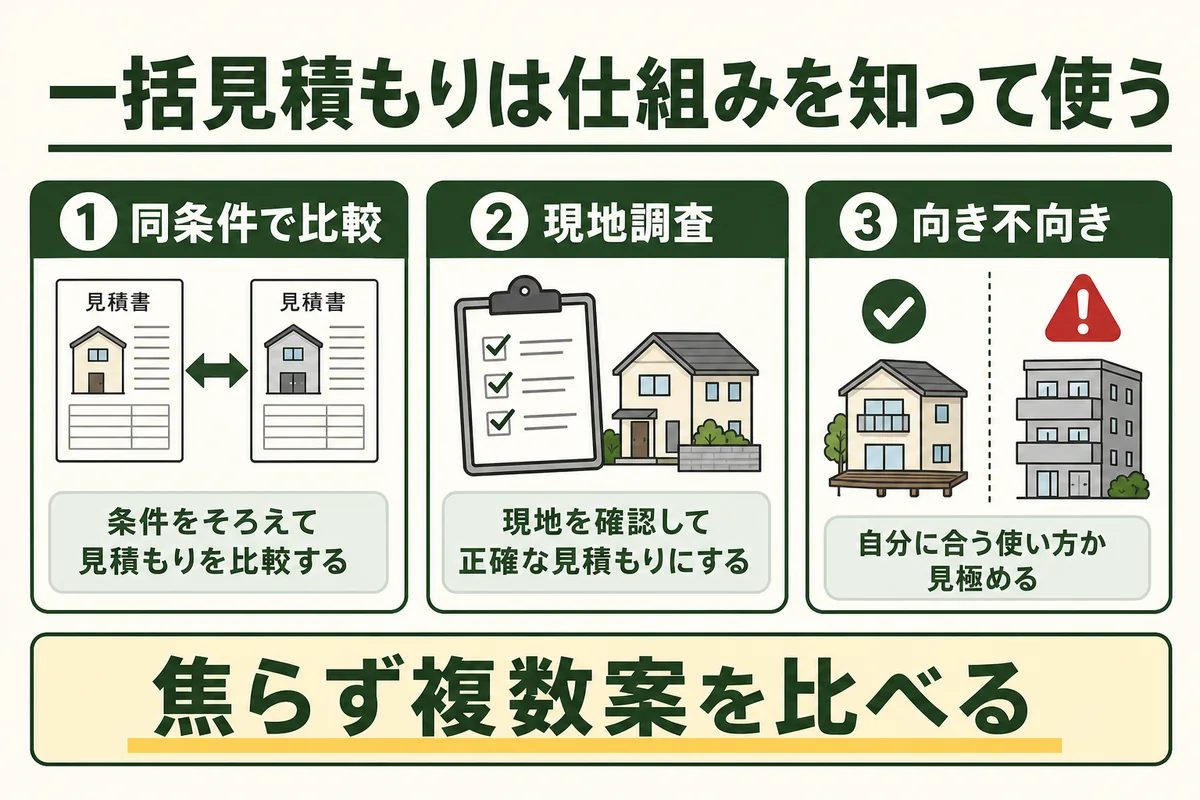 同条件で比較し現地調査を受けて自分に合う使い方を選ぶ要点の図解